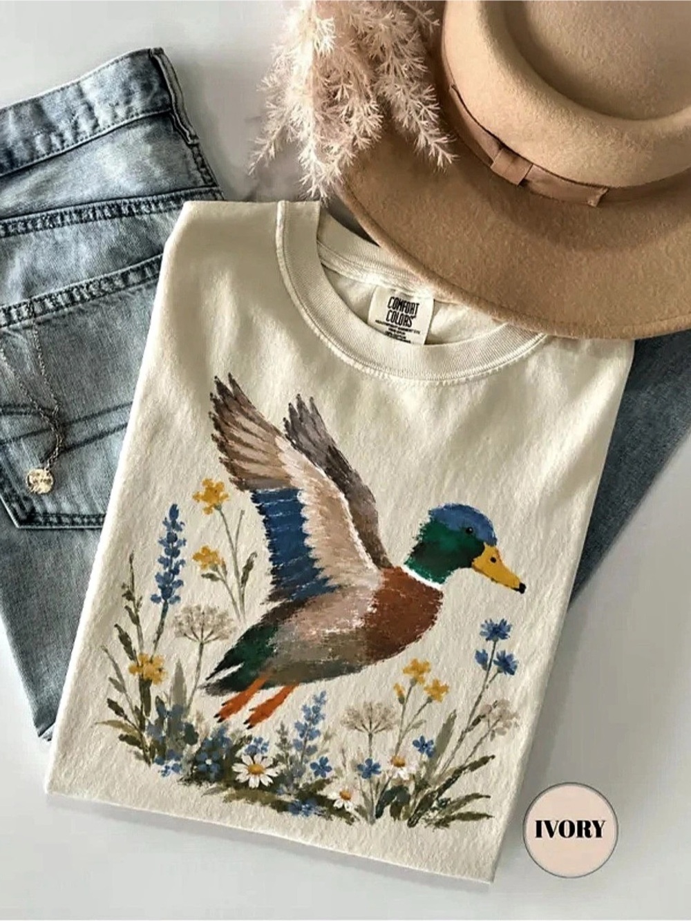 Comfort Colors Duck Floral Graphic Tee in Ivory & Blue